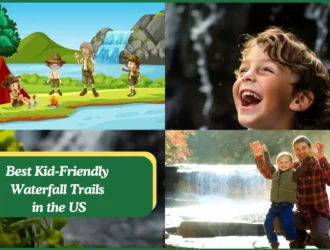 A family hiking on kid-friendly waterfall trails in the US with kids exploring nature.